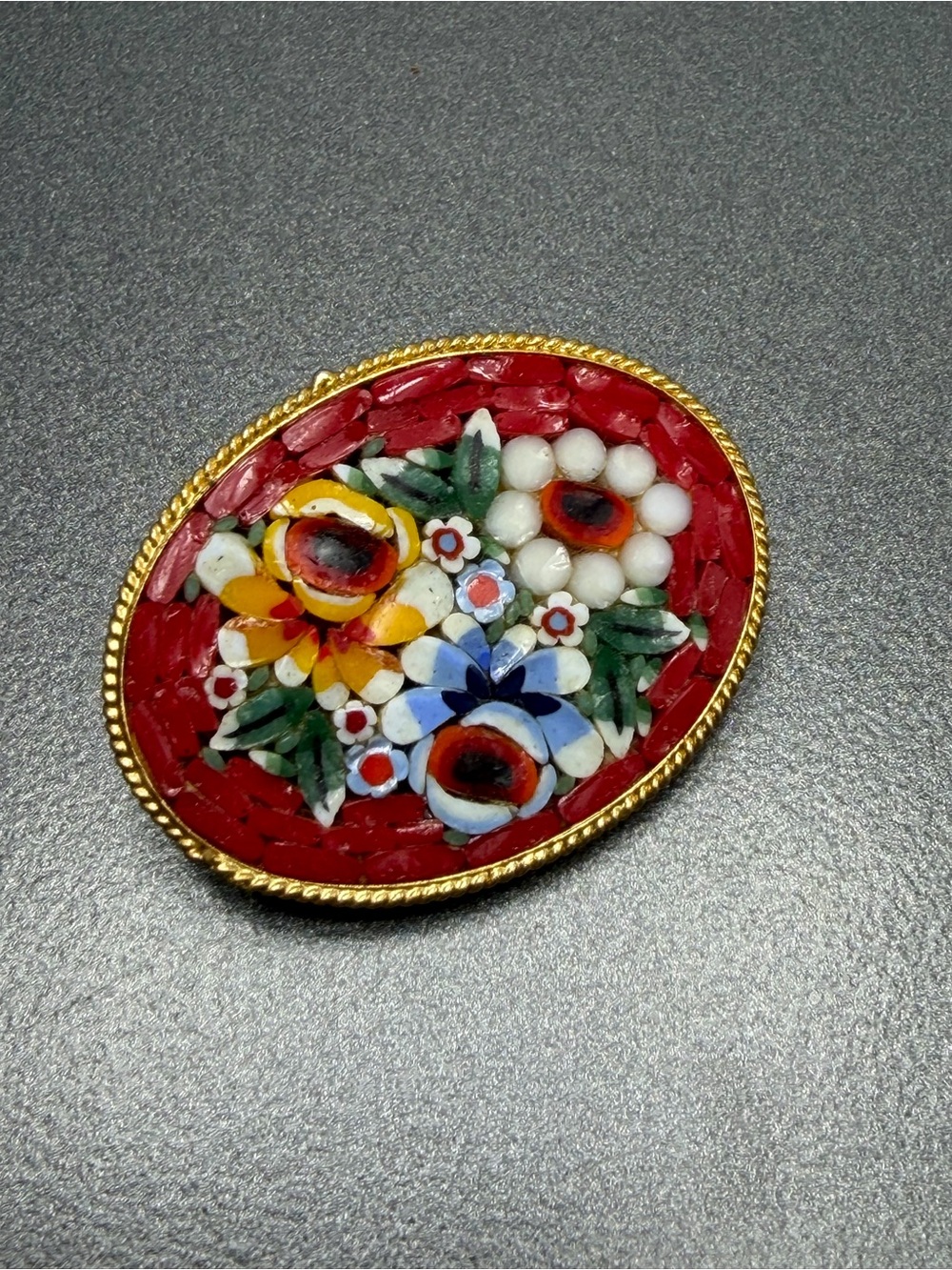 Vintage Floral Mosaic Brooch in Red and Gold #44mo